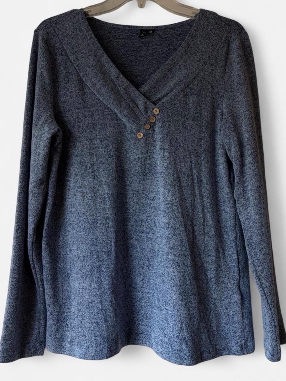 Long-Sleeve V-Neck Heathered Gray Sweater with Button Detail